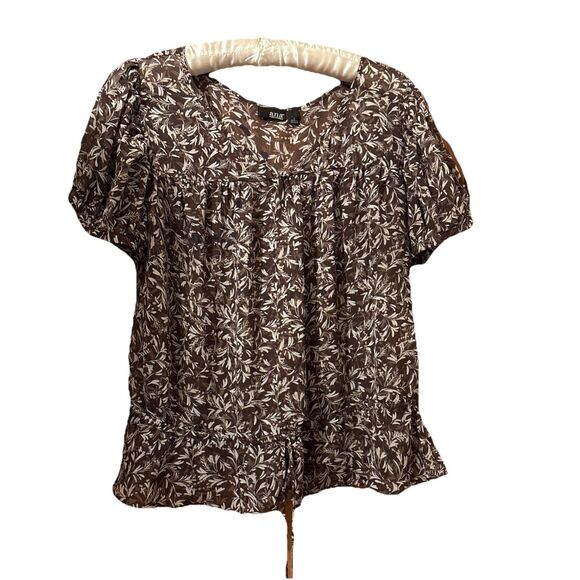 A.N.A. Brown Floral Chiffon Blouse Size L Sheer Peasant Tie Waist Boho Top - Picture 1 of 8